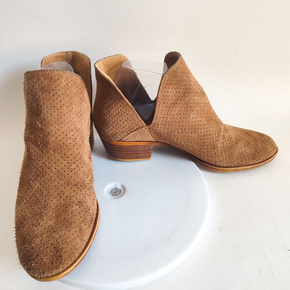 Lucky Brand Booties Bailey Perforated Camel Tan Suede Ankle Boots Size 6.5 M - Picture 3 of 10